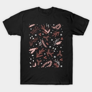 Floral, leafy Foliage Pink Winter Pattern Digital Illustration T-Shirt